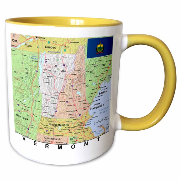 3drose, Image of Topographic Map of Vermont with Flag, 11oz Two-tone Yellow Mug