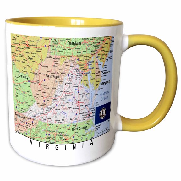 3drose, Image of Topographic Map of Virginia with Flag, 11oz Two-tone Yellow Mug