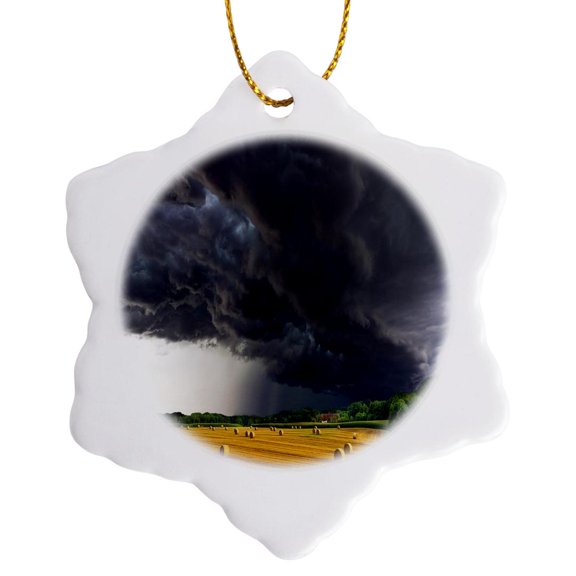 3drose, Image of Tornado Clouds over Country Field, 3 inch Snowflake Porcelain Ornament