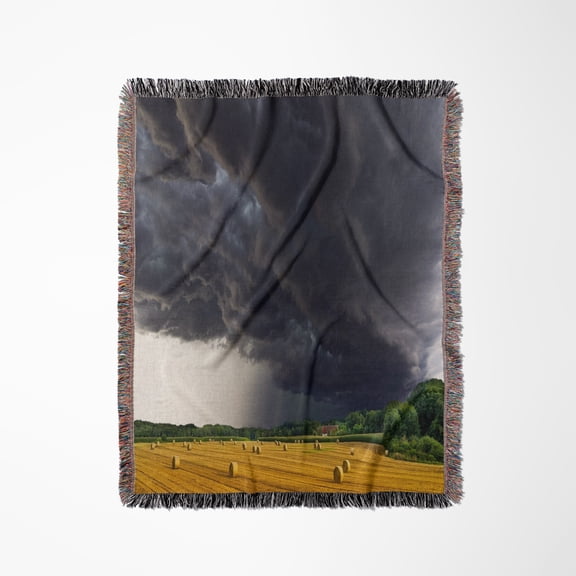 Image Of Tornado Clouds Over Country Field, Woven Blanket