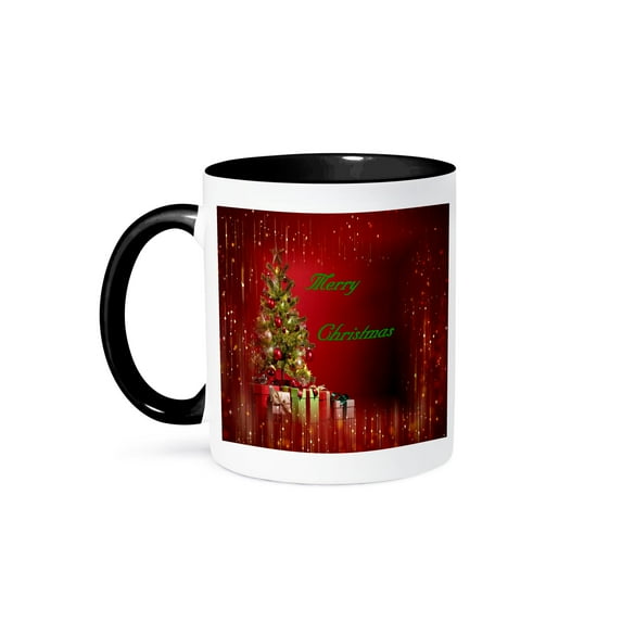 3drose, Image of Tree with Presents on Red Gold Background with Words, 11oz Two-tone Black Mug