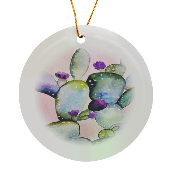 3drose, Image of Trendy Large Pastel Cactus Watercolor Painting, Circle Porcelain Ornament
