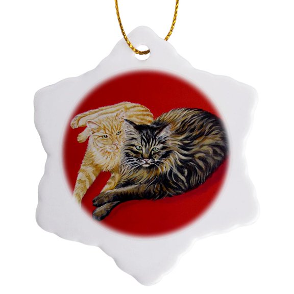 3drose, Image of Two Cats Snuggling., 3 inch Snowflake Porcelain Ornament