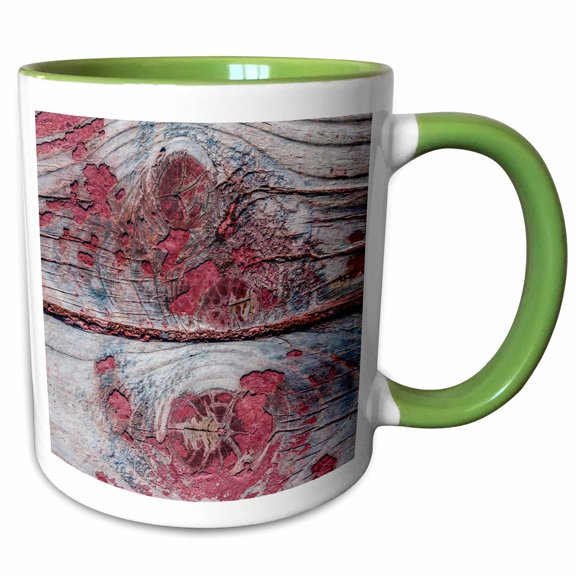 3drose, Image of Two Grunge Rough Wooden Planks, Three Knots, Old Red Paint, 11oz Two-tone Green Mug