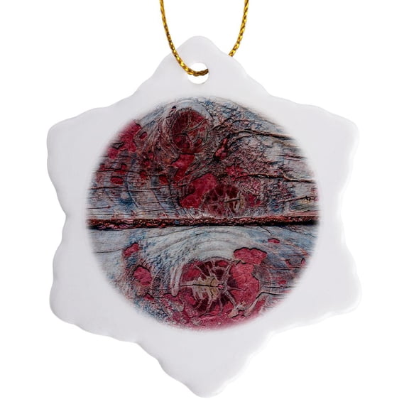3drose, Image of Two Grunge Rough Wooden Planks, Three Knots, Old Red Paint, 3 inch Snowflake Porcelain Ornament