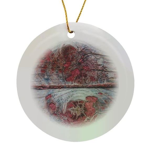 3drose, Image of Two Grunge Rough Wooden Planks, Three Knots, Old Red Paint, Circle Porcelain Ornament