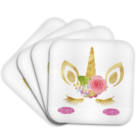 3drose, Image of Unicorn Head with Gold Glitter Eyelashes, Set of 4 Coasters - Soft