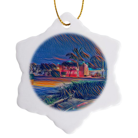 3drose, Image of Van Gogh Style Painting of Downtown Buildings and Trees, 3 inch Snowflake Porcelain Ornament