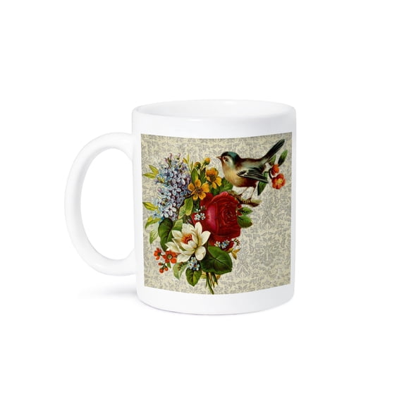 3dRose, Image of Vintage Lilac Flowers Red Rose And Bird On Damask, 11oz Mug