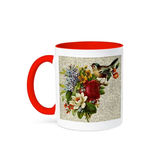 3dRose, Image of Vintage Lilac Flowers Red Rose And Bird On Damask, 15oz Two-Tone Red Mug