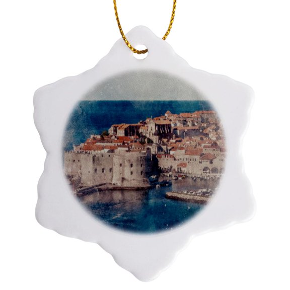3drose, Image of Watercolor Beach Side European City Scene, 3 inch Snowflake Porcelain Ornament