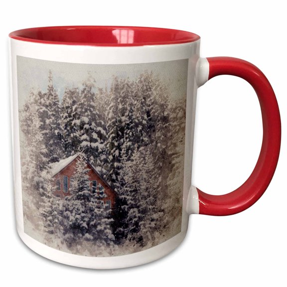 3drose, Image of Watercolor Cabin in the Snowy Pine Trees Scene, 11oz Two-tone Red Mug