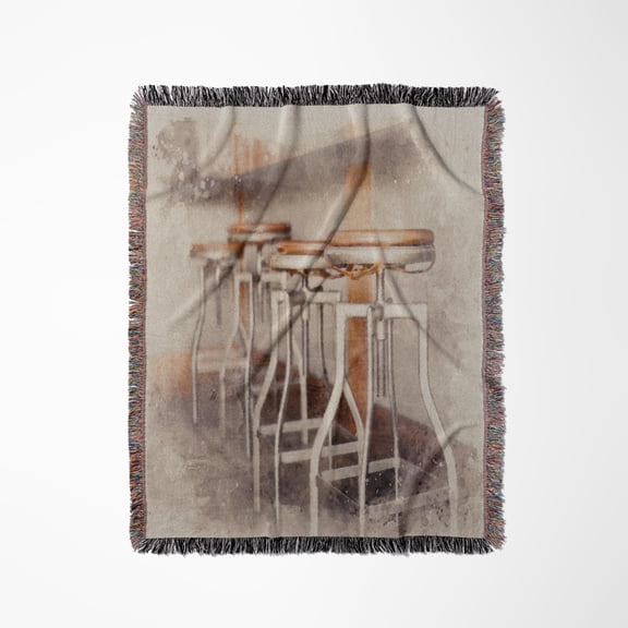 Image Of Watercolor Caf Stools At A Lunch Bar Scene, Woven Blanket