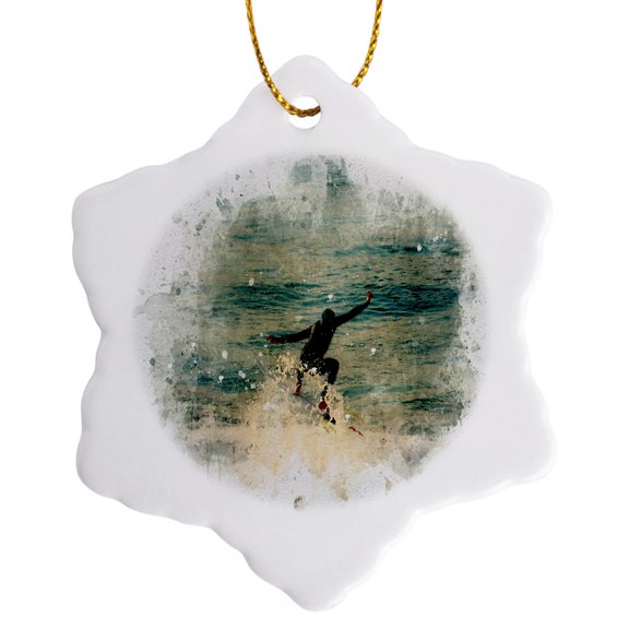 3drose, Image of Watercolor Close-up of Surfer, 3 inch Snowflake Porcelain Ornament