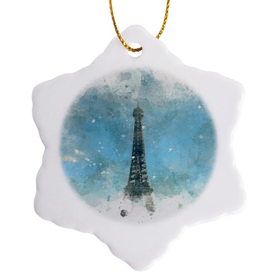 3drose, Image of Watercolor Eiffel Tower Paris France Art, 3 inch Snowflake Porcelain Ornament