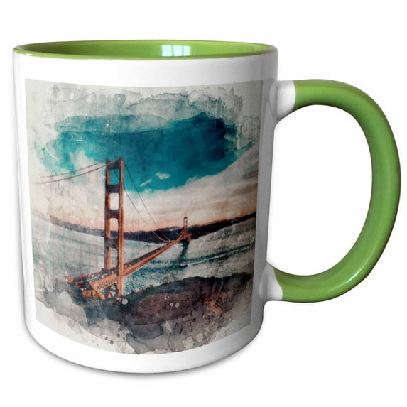3drose, Image of Watercolor Golden Gate Bridge Scene, 15oz Two-tone Green Mug