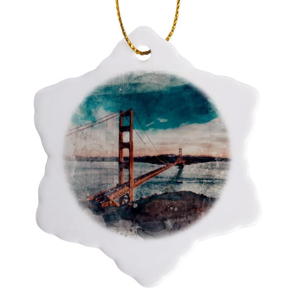 3drose, Image of Watercolor Golden Gate Bridge Scene, 3 inch Snowflake Porcelain Ornament