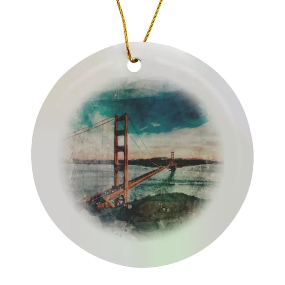 3drose, Image of Watercolor Golden Gate Bridge Scene, Circle Porcelain Ornament