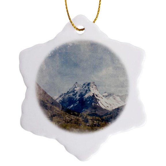 3drose, Image of Watercolor Green Canyon with a Snowy Mountain Scene, 3 inch Snowflake Porcelain Ornament