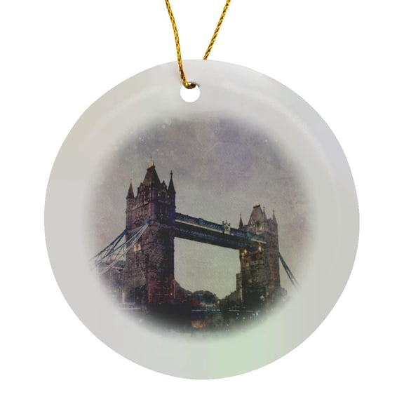 3drose, Image of Watercolor London Bridge Scene, Circle Porcelain Ornament