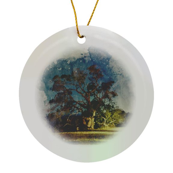 3drose, Image of Watercolor Old Tree Against a Blue Sky Art, Circle Porcelain Ornament