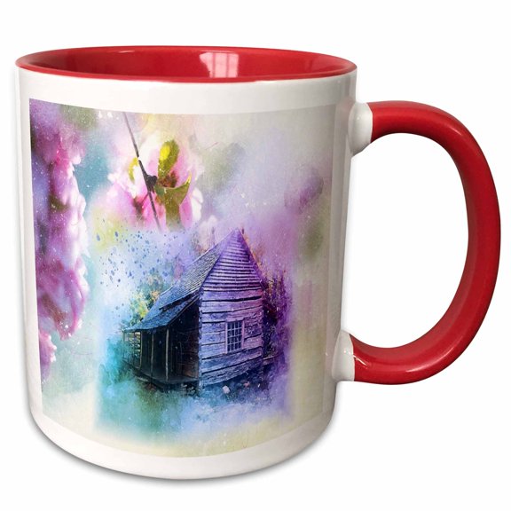 3drose, Image of Watercolor Painting of Violet Log Cabin with Flowers, 11oz Two-tone Red Mug