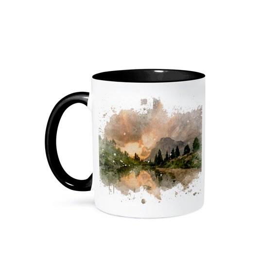 3drose, Image of Watercolor Pine Tree Mountain Lake Art, 11oz Two-tone Black Mug