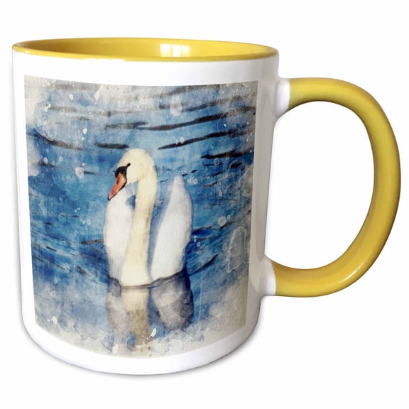 3drose, Image of Watercolor Pretty White Swan, 11oz Two-tone Yellow Mug