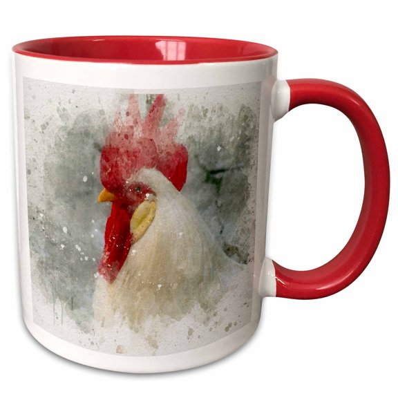 3drose, Image of Watercolor Rooster, 11oz Two-tone Red Mug