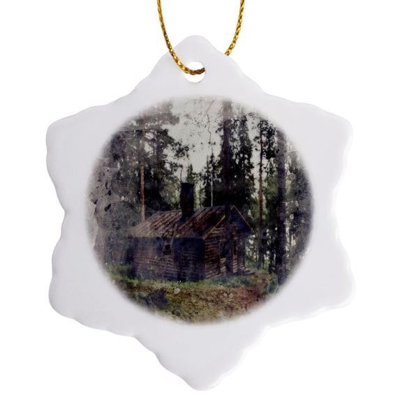 3drose, Image of Watercolor Small Cabin in the Woods Scene, 3 inch Snowflake Porcelain Ornament