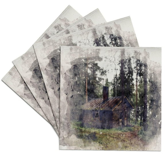 3drose, Image of Watercolor Small Cabin in the Woods Scene, Set of 4 Ceramic Tile Coasters