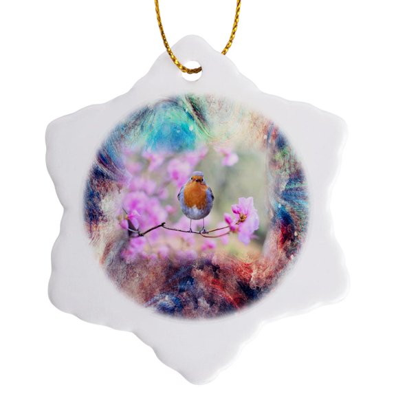 3drose, Image of Watercolor Swirl of Colors with Robin Bird, 3 inch Snowflake Porcelain Ornament