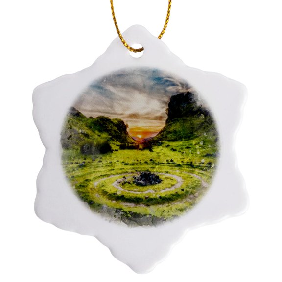 3drose, Image of Watercolor Walking Zen Circle Scene, 3 inch Snowflake Porcelain Ornament