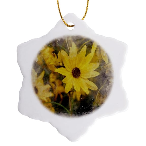 3drose, Image of Watercolor Yellow Daisy Flower, 3 inch Snowflake Porcelain Ornament