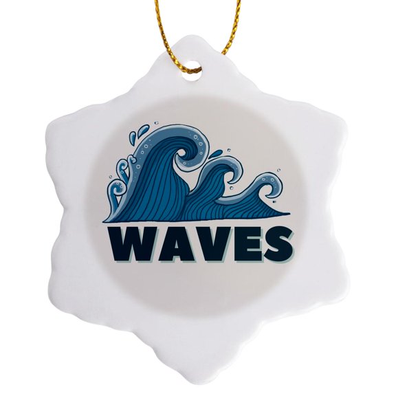 3drose, Image of Waves with Text of Waves, 3 inch Snowflake Porcelain Ornament