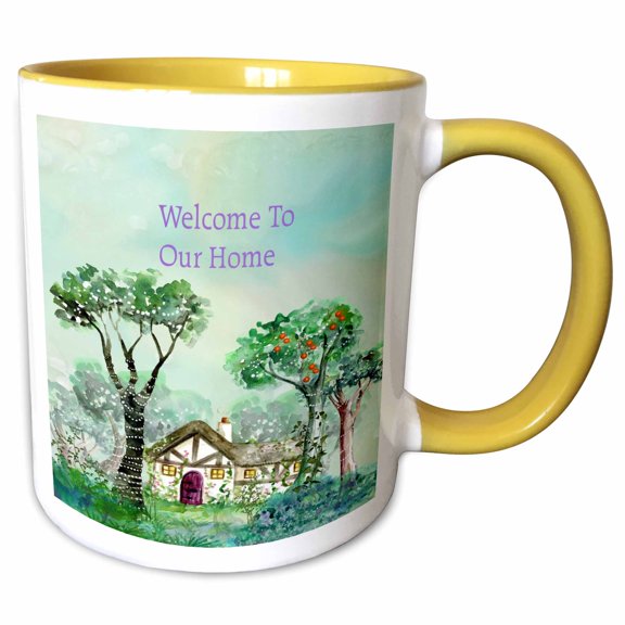 3drose, Image of Welcome to Our Home with House and Trees, 11oz Two-tone Yellow Mug