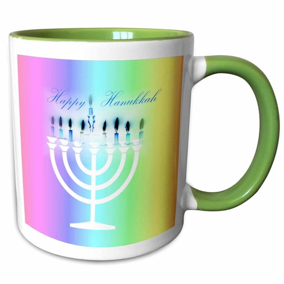 3drose, Image of White Menorah with Candles Say Chanukah on Gradient, 15oz Two-tone Green Mug