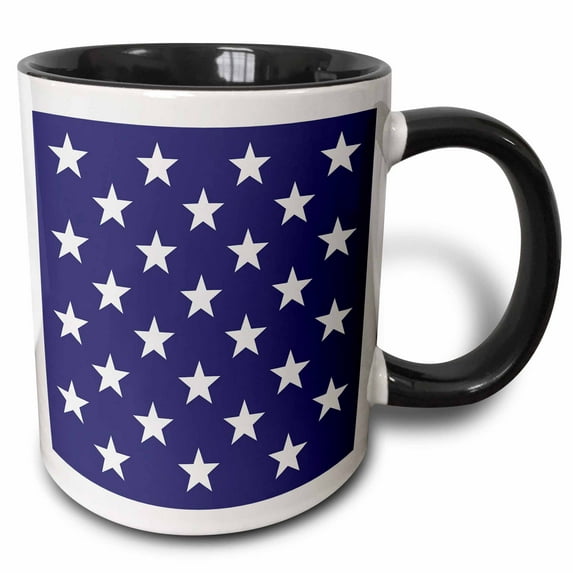 3drose, Image of White Stars, Blue Background. Patriotic 4th of July Pattern, 15oz Two-tone Black Mug