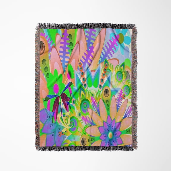 Image Of Wild Fuchsia Aqua And Lime Abstract Floral Pattern, Woven Blanket