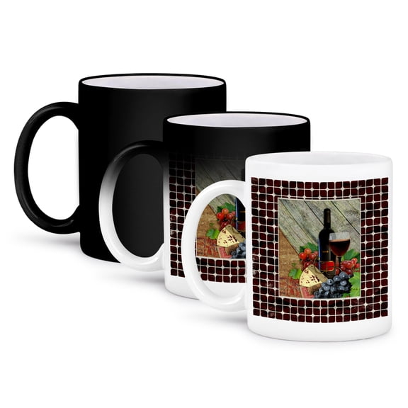 Image Of Wine. Bottle, And Grapes, Gray And Maroon Checked Frame, 11oz Magic Transforming Mug