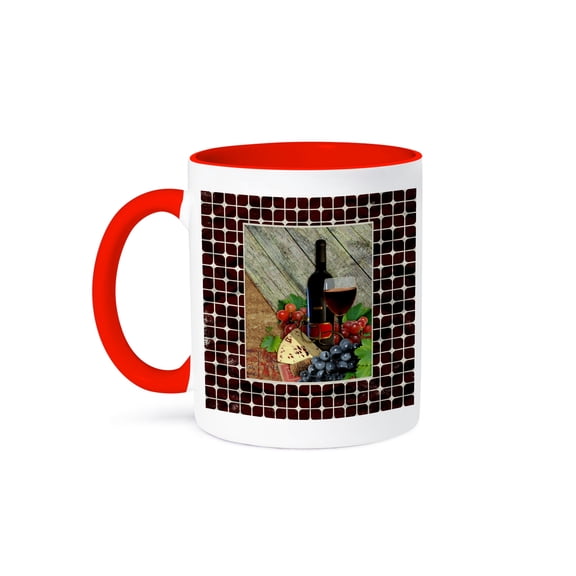 Image Of Wine. Bottle, And Grapes, Gray And Maroon Checked Frame, 11oz Two-Tone Red Mug