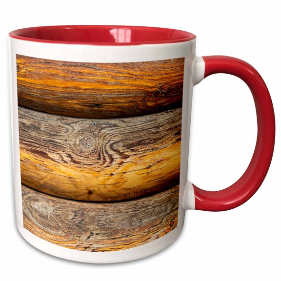 3drose, Image of Wood Trunks of a Log Cabin Wall. Orange Color. Wood Texture, 11oz Two-tone Red Mug