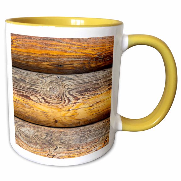 3drose, Image of Wood Trunks of a Log Cabin Wall. Orange Color. Wood Texture, 11oz Two-tone Yellow Mug