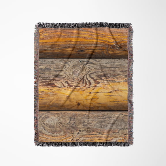 Image Of Wood Trunks Of A Log Cabin Wall. Orange Color. Wood Texture, Woven Blanket