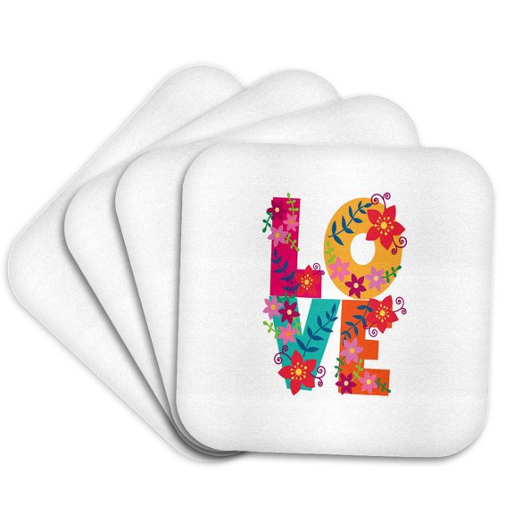 3drose, Image of Word Love Done All in Flowers, Set of 4 Coasters - Soft