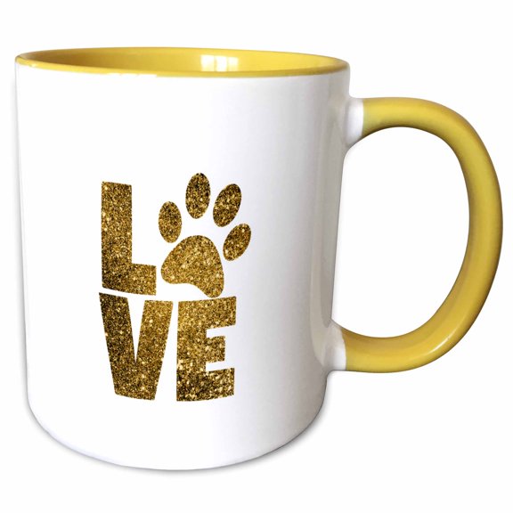 3drose, Image of Word Love with a Paw in Glittery Gold, 11oz Two-tone Yellow Mug