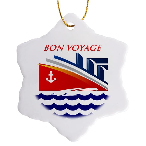 3drose, Image of Words Bon Voyage with Cartoon Ship and Ocean Waves, 3 inch Snowflake Porcelain Ornament