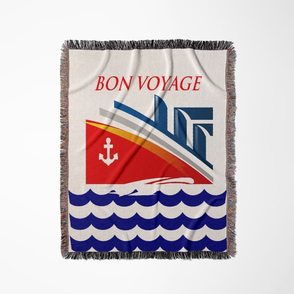 Image Of Words Bon Voyage With Cartoon Ship And Ocean Waves, Woven Blanket