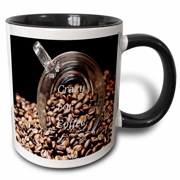 3drose, Image of Words Crazy for Coffee on Cup in Coffee Bean Pile, 15oz Two-tone Black Mug