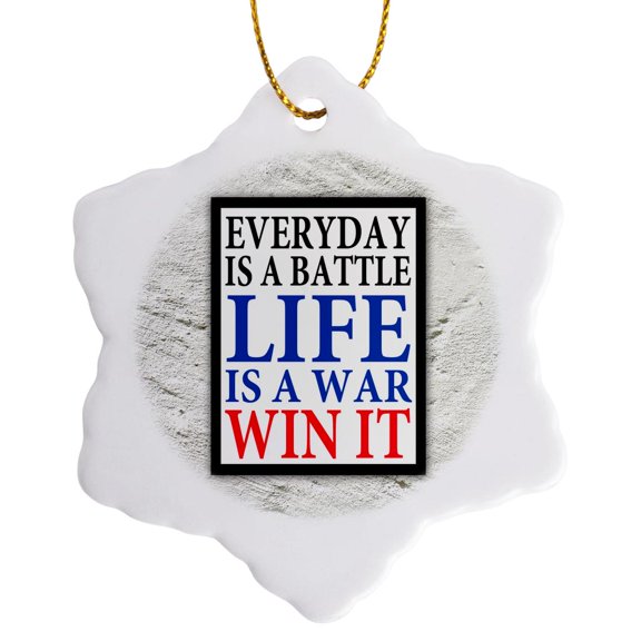 3drose, Image of Words Everyday Is a Battle Life Is a War Win It, 3 inch Snowflake Porcelain Ornament